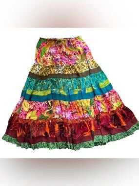 Boston Proper Women's 100% Silk Mixed Print Boho Maxi Skirt